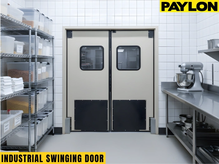 Beige industrial swinging doors with black kick plates installed in a commercial kitchen storage area Beige industrial swinging doors with black kick plates installed in a commercial kitchen storage area