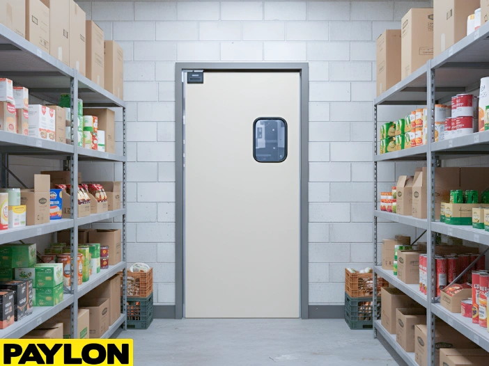 Beige single swinging door in organized grocery stockroom with shelves of products and gray concrete wall