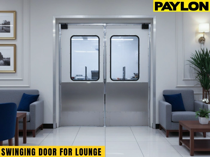 Beige swinging doors for a lounge with black kick plates and clear window panels, ideal for elegant front-of-house spaces