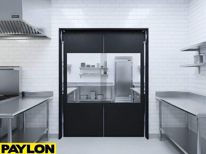 Black Clear Impact Swinging Door in a professional kitchen, highlighting clear panels for safety and workflow
