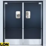 Black PE-Series kitchen swinging traffic doors with vision panels and kick plates in a modern kitchen