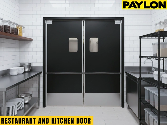 Black Restaurant Swinging Door, Black commercial swinging door with vision panels in a professional kitchen setup