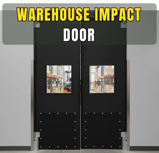 Black double-swing warehouse impact door with reinforced lower panels and clear vision windows in an industrial storage area