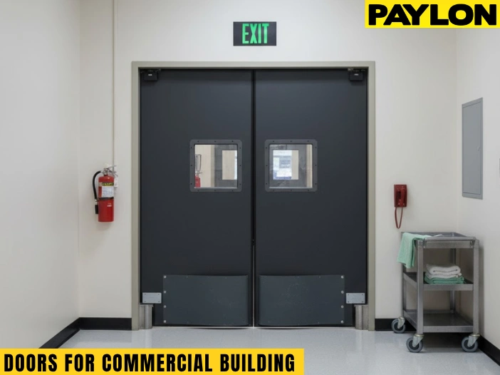 Black double swinging doors in a commercial building hallway with Paylon logo, showcasing durable doors for high-traffic areas