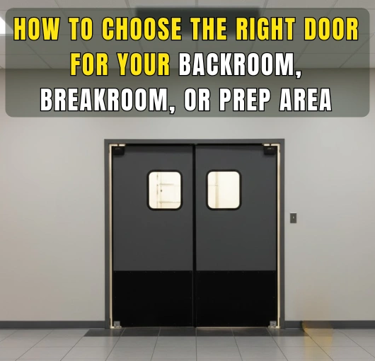 Black double swinging doors in a commercial hallway with title text overlay, illustrating how to choose the right door for your backroom, breakroom, or prep area