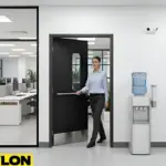 Black hinged door by Paylon installed in a modern office hallway, featuring a rectangular vision panel and push bar for safe, hands-free exit from work areas