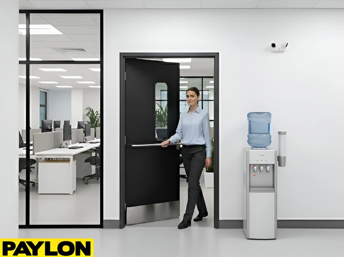Black hinged door by Paylon installed in a modern office hallway, featuring a rectangular vision panel and push bar for safe, hands-free exit from work areas Black hinged door by Paylon installed in a modern office hallway, featuring a rectangular vision panel and push bar for safe, hands-free exit from work areas