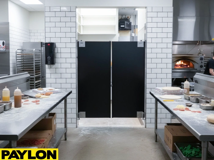 Black laminate pizza parlor swinging doors in a tiled commercial kitchen with prep tables and pizza ovens in view Black laminate pizza parlor swinging doors in a tiled commercial kitchen with prep tables and pizza ovens in view