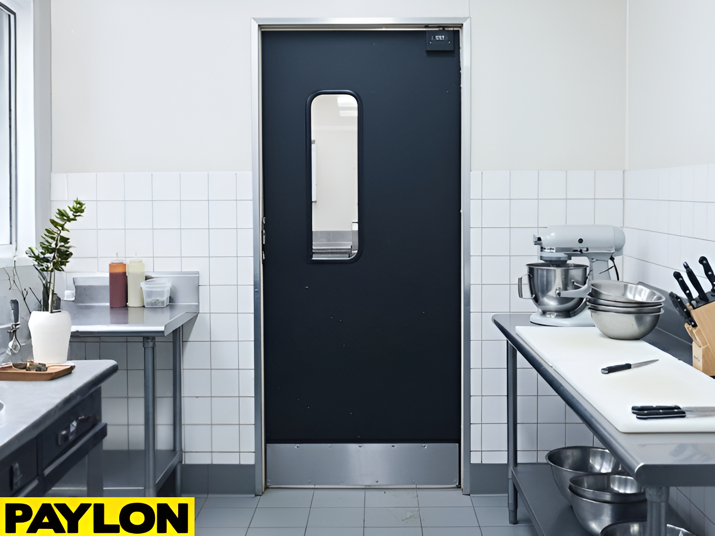 Black single restaurant swinging door with vision panel in a clean prep kitchen setups