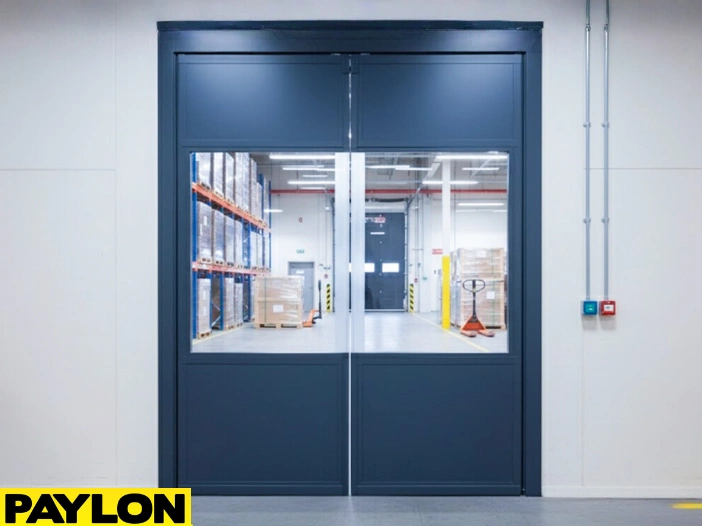 Blue PVC loading dock doors with reinforced panels and clear windows in a distribution center Blue PVC loading dock doors with reinforced panels and clear windows in a distribution center