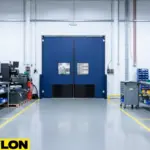 Blue double swinging factory doors with vision panels in a large industrial workshops Blue double swinging factory doors with vision panels in a large industrial workshop