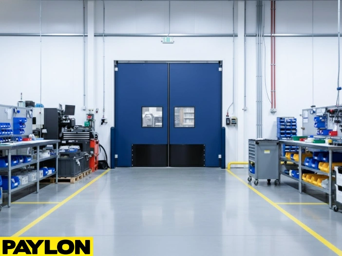 Blue double swinging factory doors with vision panels in a large industrial workshops Blue double swinging factory doors with vision panels in a large industrial workshop