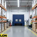 Blue industrial swinging doors installed in a modern warehouse with pallet racks and machinery