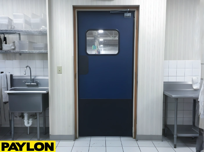 Blue single swinging door with window in a commercial kitchen featuring stainless-steel sink and counter Blue single swinging door with window in a commercial kitchen featuring stainless-steel sink and counters