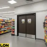 Brown commercial swinging doors by Paylon used in a supermarket aisle, showing durable construction with impact-resistant panels and vision windows for retail backroom access