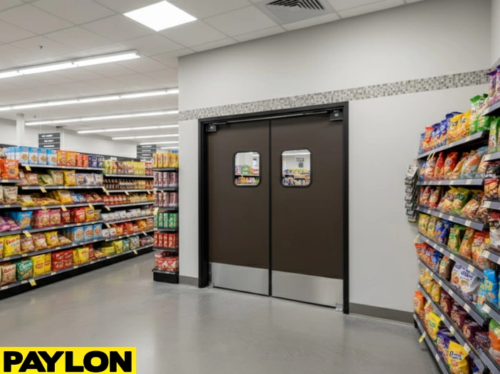Brown commercial swinging doors by Paylon used in a supermarket aisle, showing durable construction with impact-resistant panels and vision windows for retail backroom access Brown commercial swinging doors by Paylon used in a supermarket aisle, showing durable construction with impact-resistant panels and vision windows for retail backroom access