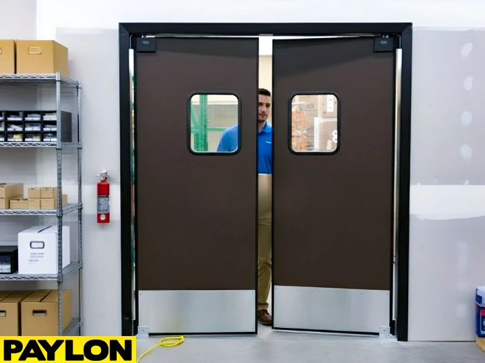 Brown double swinging doors in warehouse or stockroom environment with employee walking through