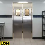 Brushed stainless steel kitchen doors with rectangular windows in a professional restaurant workspace.