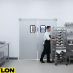 Chef Pushing Rack – Stainless steel swinging kitchen doors in a busy restaurant kitchen, chef moving a tray rack through