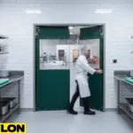 Chef entering through green PVC commercial food swinging doors in a hygienic kitchen