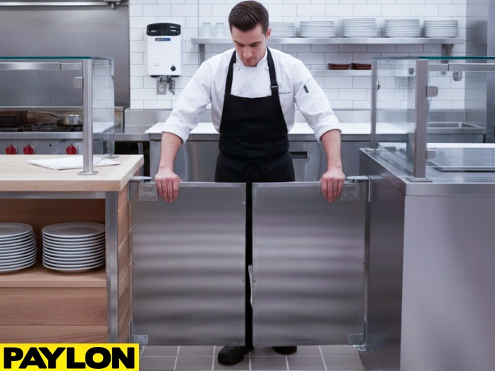 Chef opening stainless steel restaurant swinging door in commercial kitchens Chef opening stainless steel restaurant swinging door in commercial kitchen