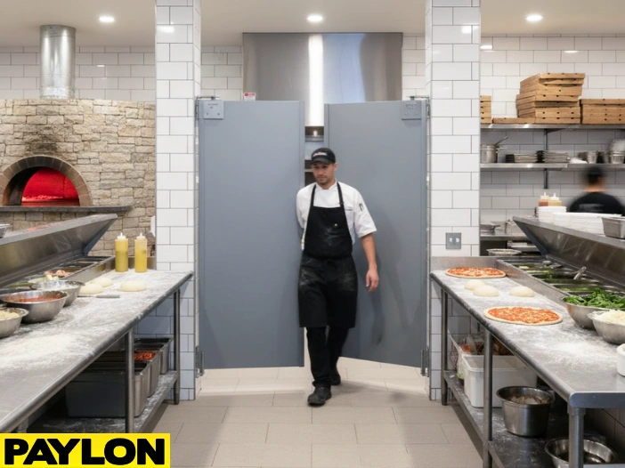 Chef walking through double gray swinging doors in a busy pizza kitchen with ovens and pizza prep tables visible Chef walking through double gray swinging doors in a busy pizza kitchen with ovens and pizza prep tables visible