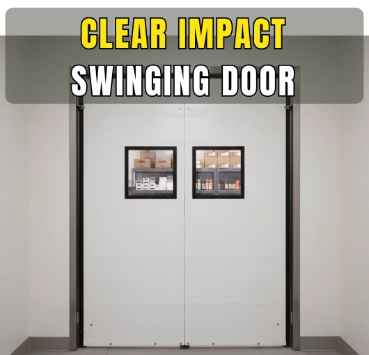 Banquet Hall Clear Impact Swinging Door installed, demonstrating clear panels for visibility and smooth two-way swing