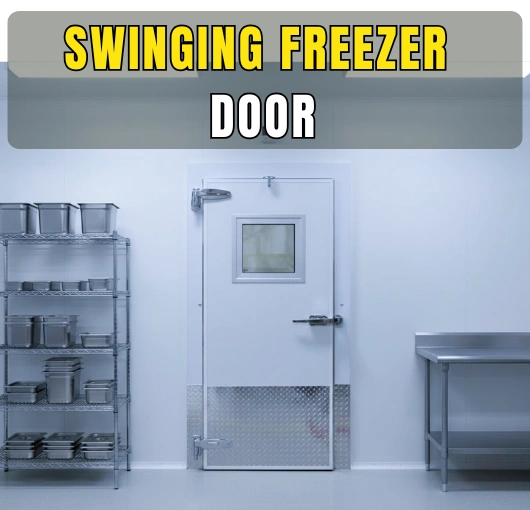 Close-up of a single PC-Series swinging freezer door with kick plate and vision panel in a cold storage prep area