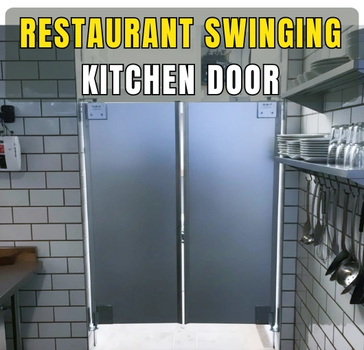 Close-up of gray restaurant swinging kitchen doors with bold text overlay 'Restaurant Swinging Kitchen Door'