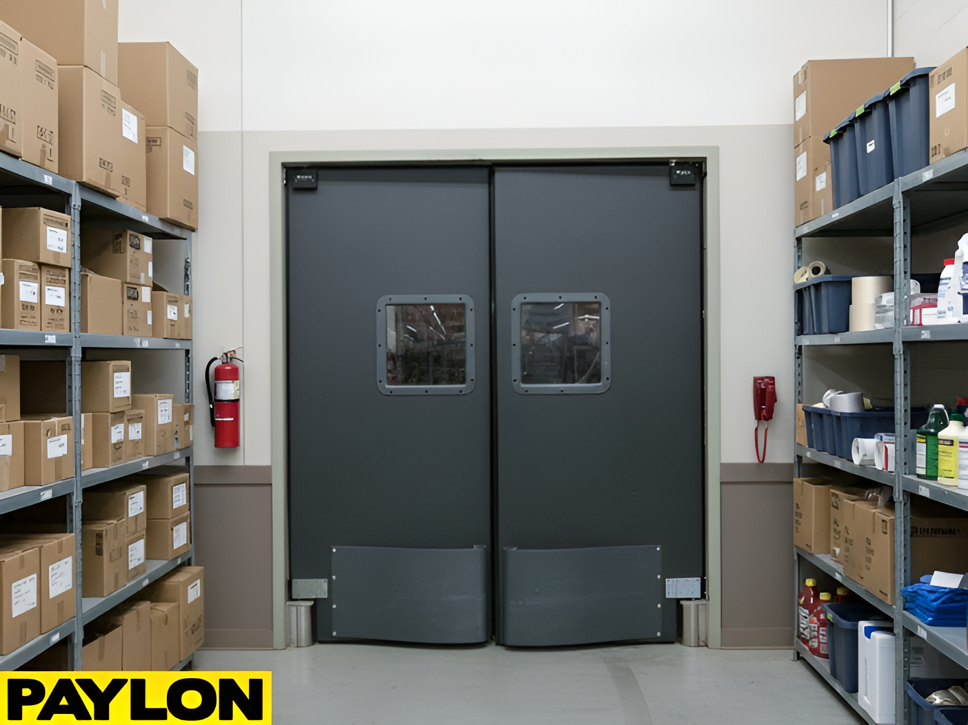 Closed double swinging doors in a storage room surrounded by shelves and boxes, showing impact-resistant design