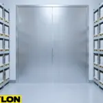 Closed stainless steel loading dock doors in a temperature-controlled warehouse Closed stainless steel loading dock doors in a temperature-controlled warehouse