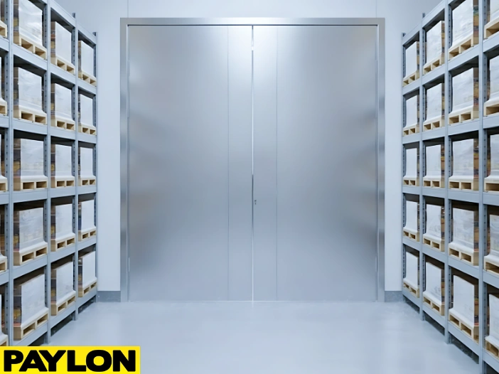 Closed stainless steel loading dock doors in a temperature-controlled warehouse Closed stainless steel loading dock doors in a temperature-controlled warehouse