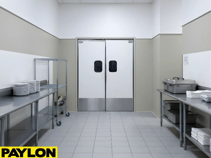 Commercial Kitchen Door Closed – White double swinging kitchen doors closed in a large professional kitchen corridor
