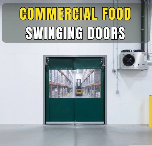Commercial food swinging doors with clear vision panels installed in a warehouse for efficient and hygienic workflow