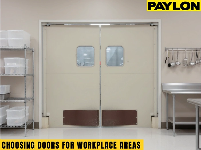 Commercial kitchen setup with cream-colored double swinging doors representing how to choose the right door for your backroom, breakroom, or prep area