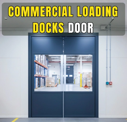 Commercial loading dock doors in a warehouse with high-traffic storage aisles