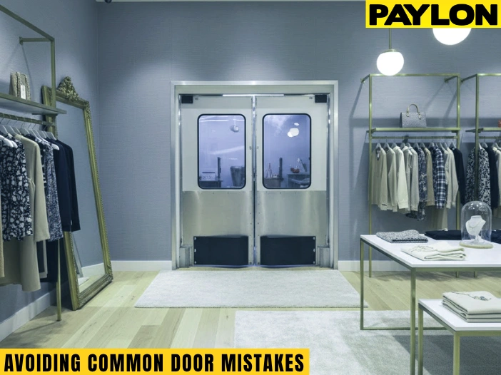 A commercial swinging door installed in a boutique retail store to improve customer accessibility and traffic flow.