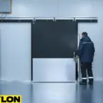 Commercial swinging freezer door with vision panel and reinforced kick plate in a walk-in storage room