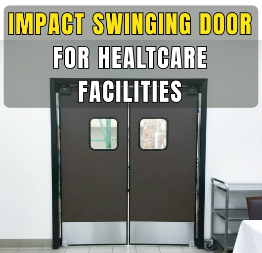 Dark gray impact swinging door with vision panels in a hospital corridor for safe, hygienic access