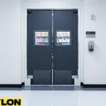 Dark gray impact swinging doors with reinforced kick plates and dual vision windows