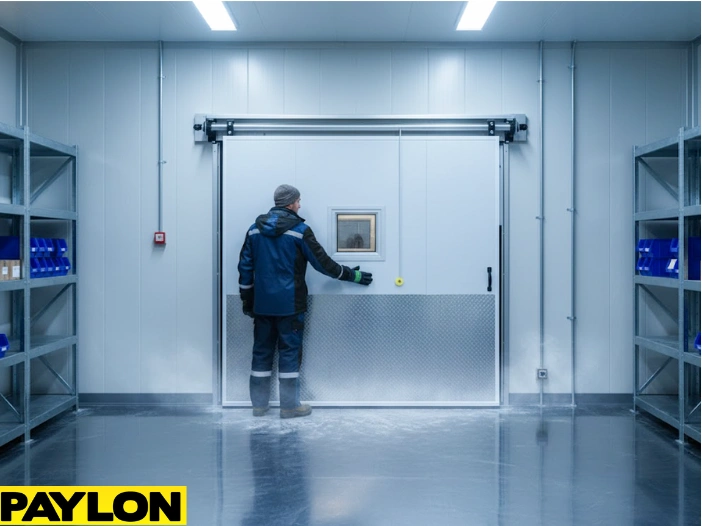 Double insulated swinging freezer doors with automatic opener in industrial cold storage facility