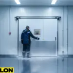 Double insulated swinging freezer doors with automatic opener in industrial cold storage facility