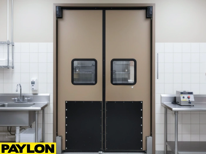 Double tan and black impact-resistant swinging doors with windows in a commercial kitchen featuring stainless-steel sinks, counters, and tiled walls Double tan and black impact-resistant swinging doors with windows in a commercial kitchen featuring stainless-steel sinks, counters, and tiled walls