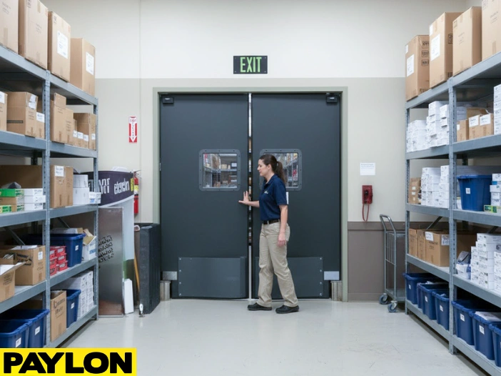 Employee entering a backroom through double swinging doors in a warehouse showing how to choose the right door for your backroom, breakroom, or prep area