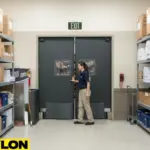 Employee entering a backroom through double swinging doors in a warehouse showing how to choose the right door for your backroom, breakroom, or prep area