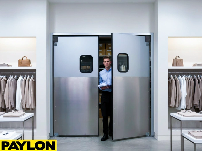 Employee exiting through aluminum double swinging doors in retail stockroom behind modern clothing store