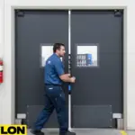 Employee using gray PE-Series Factory Break Room Doors in an industrial hallway with vending machines