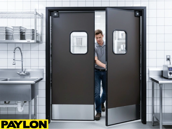 Employee walking through dark brown industrial swinging doors in a commercial kitchen Employee walking through dark brown industrial swinging doors in a commercial kitchen