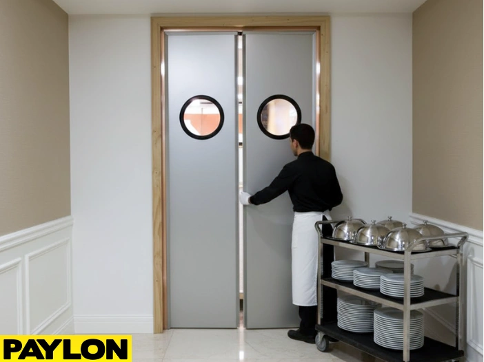 Gray Banquet Hall Swinging Door with Server – Front view of a gray Banquet Hall Swinging Door in a hallway with a server moving a dish cart. Gray Banquet Hall Swinging Door with Server – Front view of a gray Banquet Hall Swinging Door in a hallway with a server moving a dish cart.