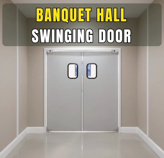 Gray Banquet Hall Swinging Door – Neutral gray Banquet Hall Swinging Door with round vision panels in a banquet corridor.